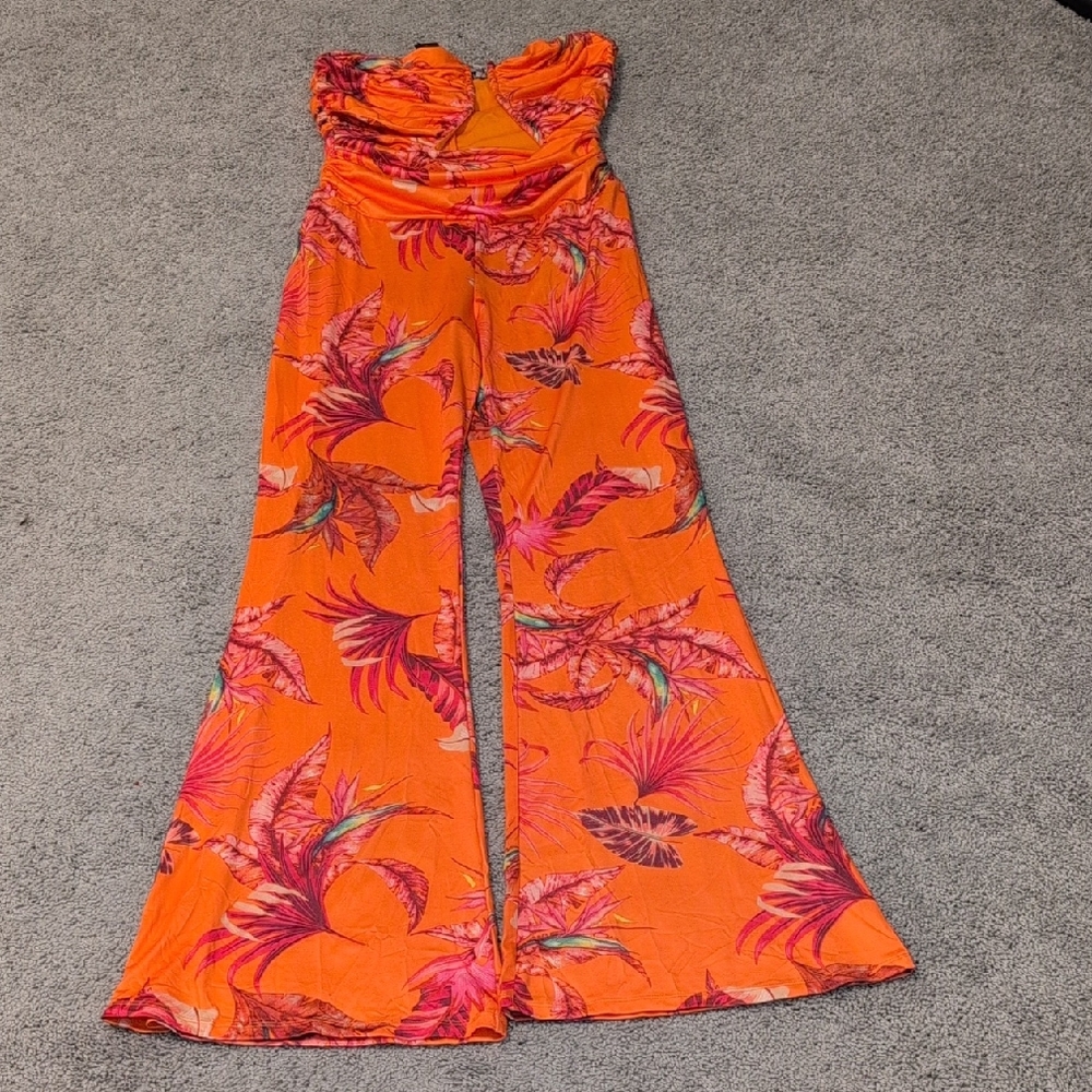 Fashion Nova Vibrant Orange Tropical Jumpsuit